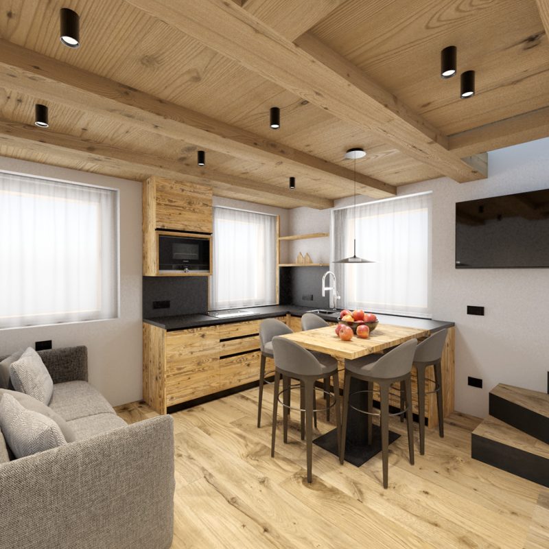 appartamento Parè in Chalet Silene a Livigno - soggiorno con angolo cucina
